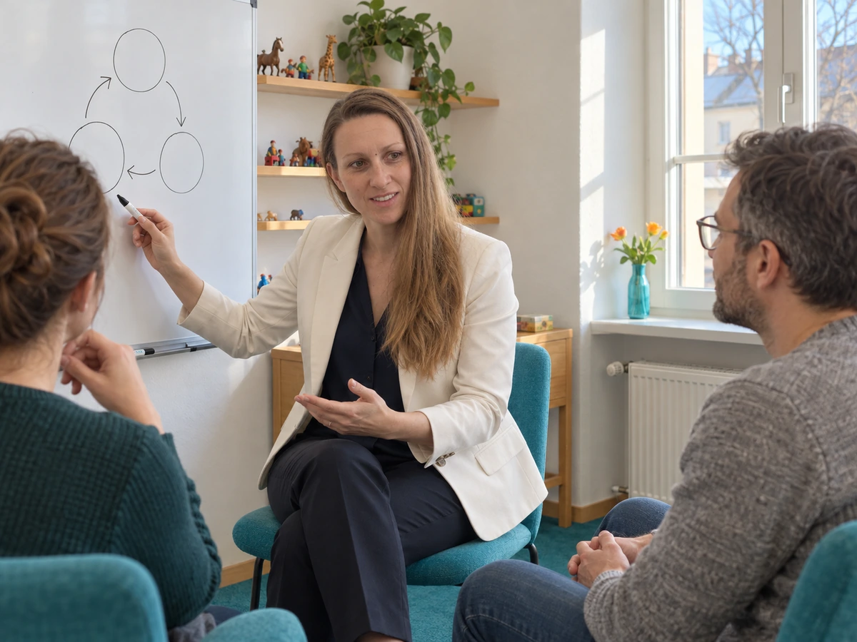 KI-generierte illustrative Szene mit Annika Gubisch. Die anderen dargestellten Personen sind fiktiv; es werden keine echten Patienten oder Behandlungssitzungen gezeigt. KI-Illustration: Annika Gubisch erklärt zwei fiktiven Erwachsenen eine Skizze am Whiteboard.